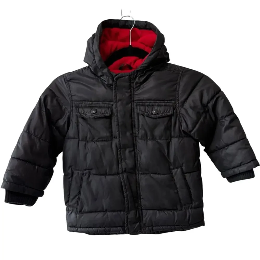 Old Navy Hooded Puffer Jacket with Bright Red Interior Black Size 3T